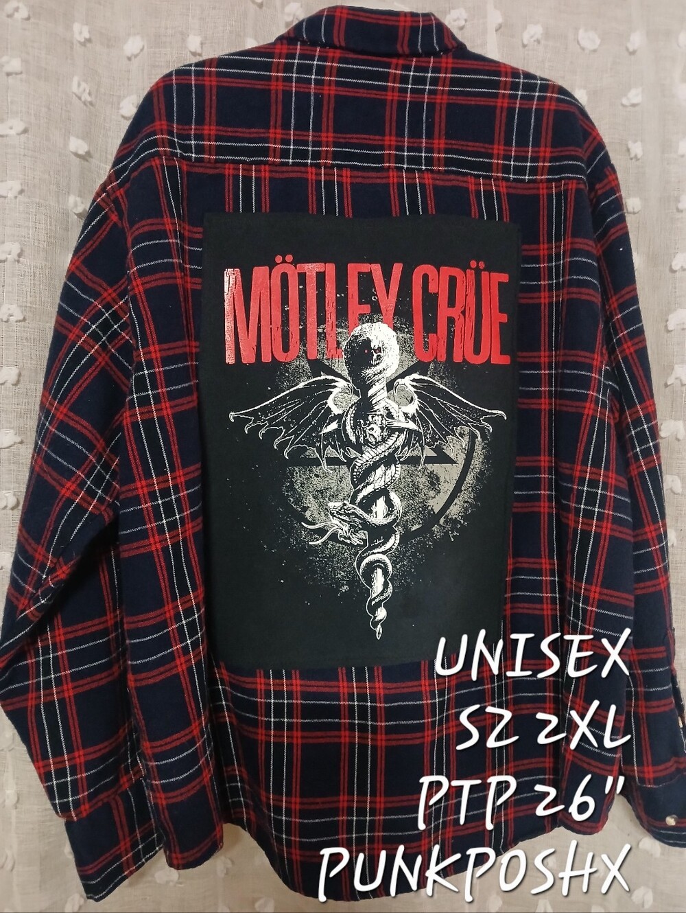 UPCYCLED VINTAGE MOTLEY CRUE GRAPHIC TEE CREATED ON A FLANNEL SZ 2XL PTP 26"